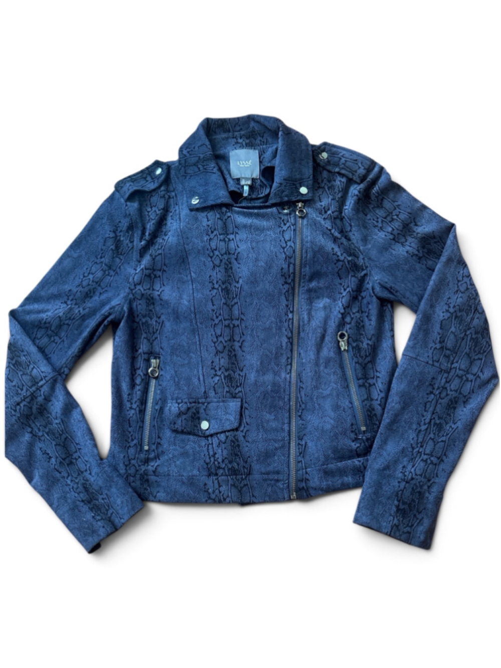 Lysse Blue Black Snake Print Faux Suede Moto Jacket Size S